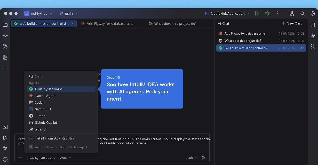 Junie selected in the in-IDE agent picker at the start of the walkthrough
