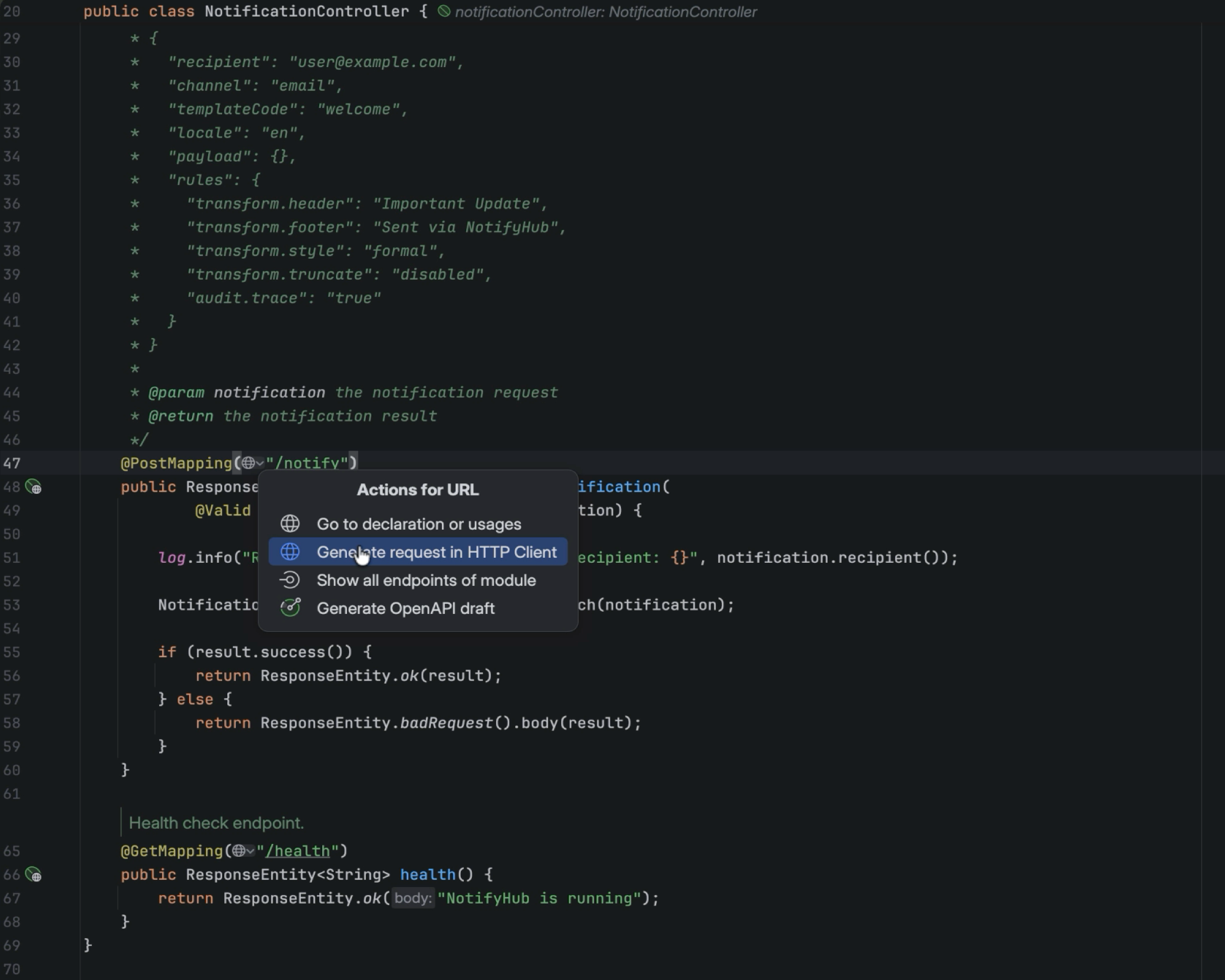 هامش PostMapping يعرض Generate request في HTTP Client