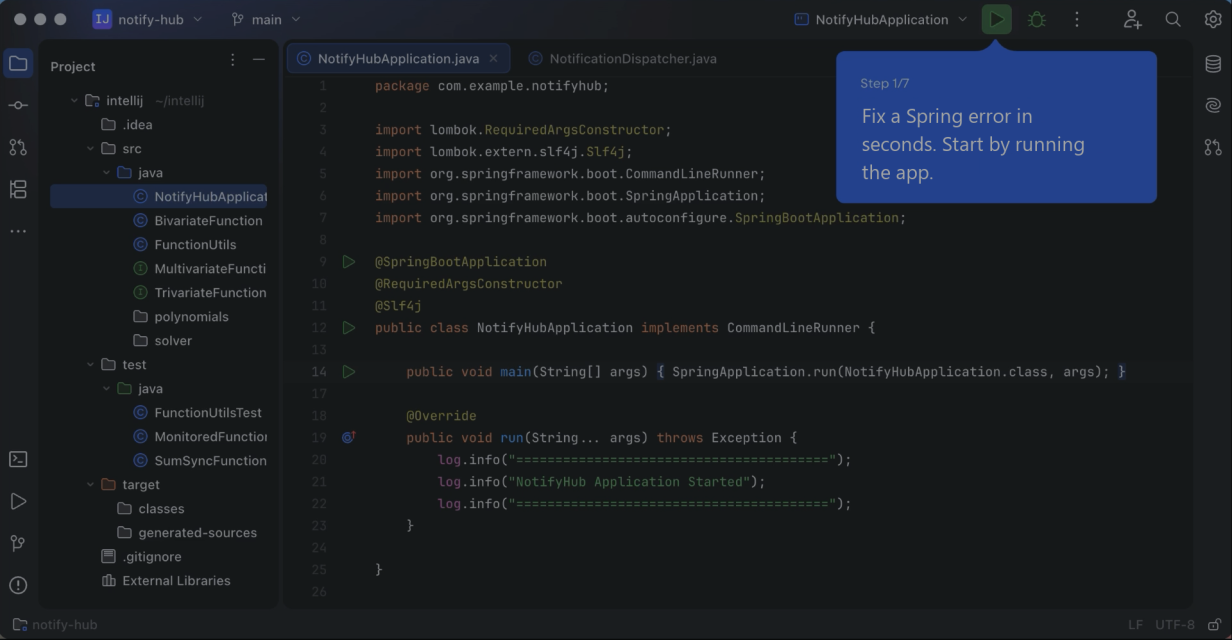 Editor open on NotifyHubApplication.java before the missing Spring bean appears